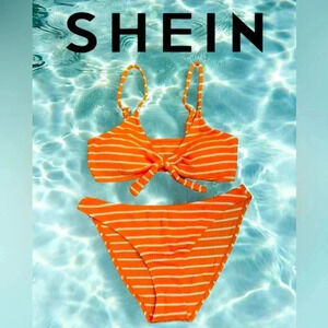 NWOT, SHEIN, Textured Tie-Front Striped Bikini  Set, XL, Orange & White ☀️